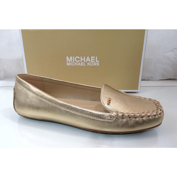 Michael Kors Eve Moccasin Metallic Leather MK Logo Pale Gold Size 7 - Picture 1 of 8